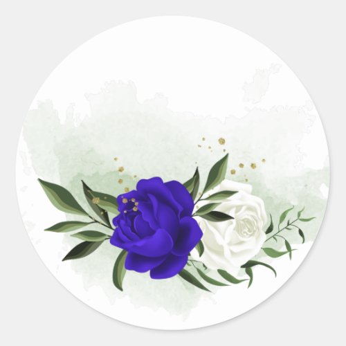royal blue  white flowers greenery classic round sticker