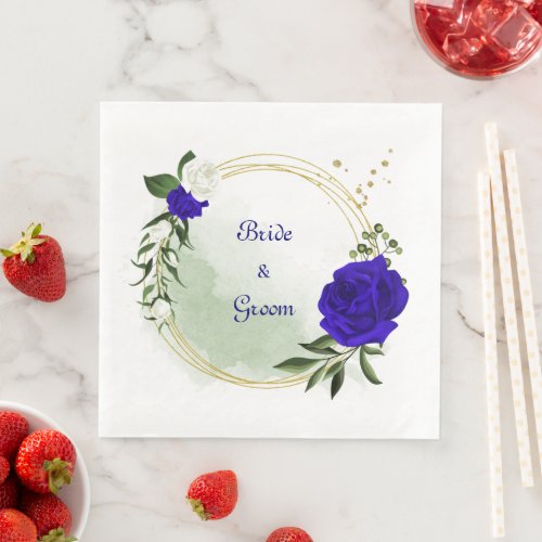 royal blue  white flowers greenery gold wreath paper dinner napkins