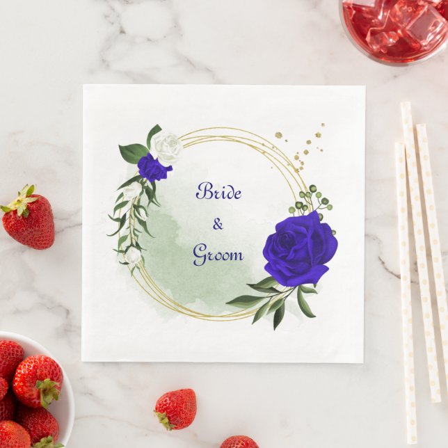 royal blue & white flowers greenery gold wreath paper dinner napkins (Insitu)