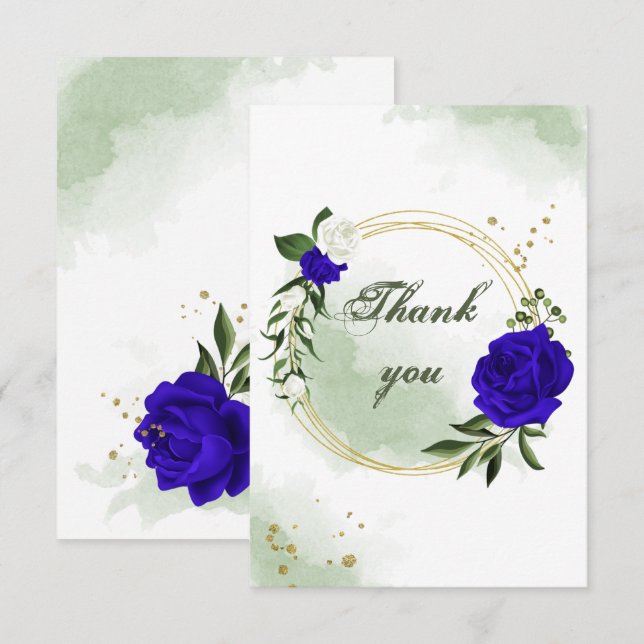 royal blue & white flowers greenery gold wreath thank you card (Front/Back)