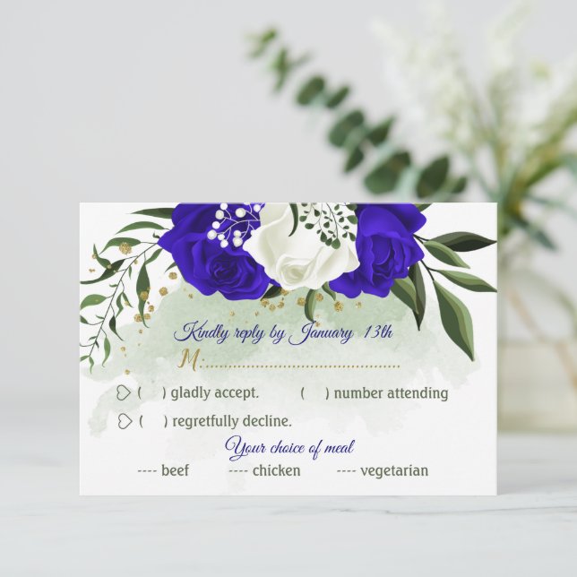 royal blue & white flowers greenery meal choice RSVP card (Standing Front)