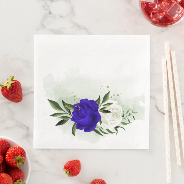 royal blue & white flowers greenery paper dinner napkins (Insitu)