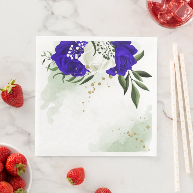 royal blue & white flowers greenery paper dinner napkins (Insitu)