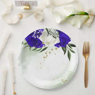 royal blue & white flowers greenery paper plates