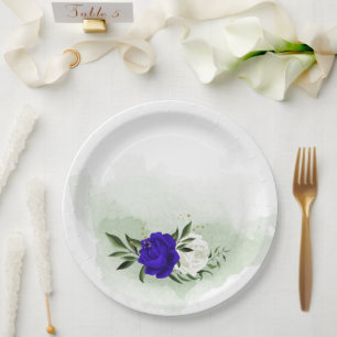 royal blue & white flowers greenery paper plates