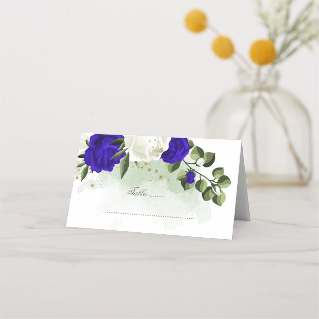 royal blue & white flowers greenery place card (Front)