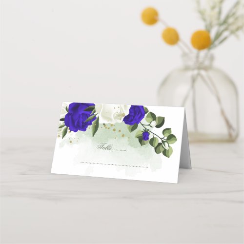 royal blue  white flowers greenery place card