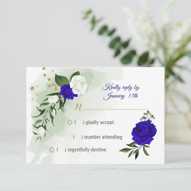 royal blue & white flowers greenery  RSVP card (Standing Front)