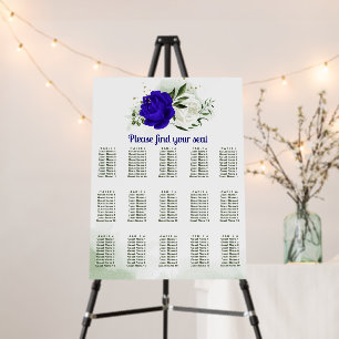 royal blue & white flowers greenery seating chart foam board