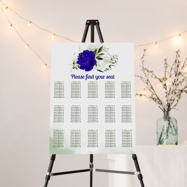 royal blue & white flowers greenery seating chart foam board (In Situ (Stand))