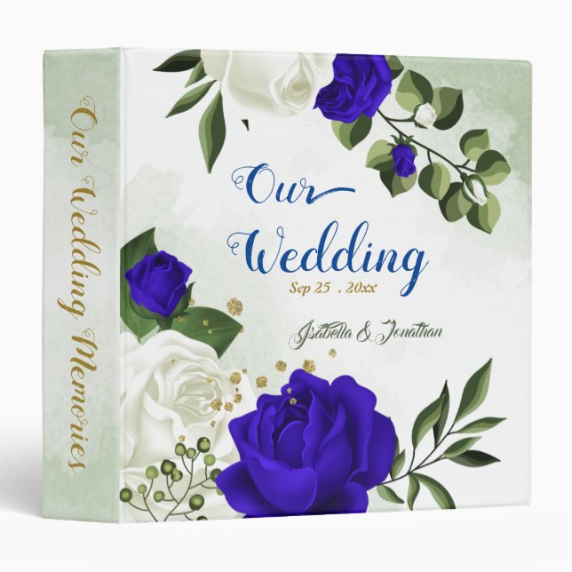 royal blue & white flowers greenery wedding album 3 ring binder (Front/Spine)