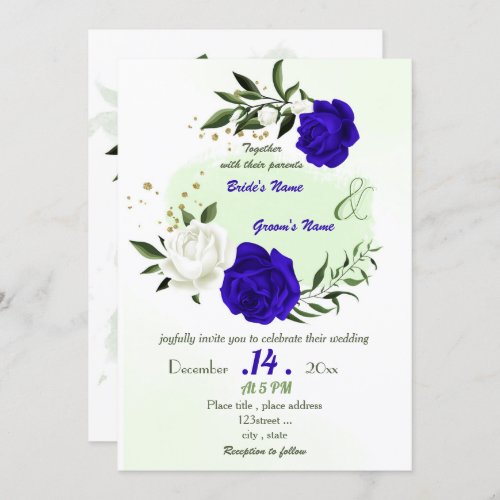 royal blue white flowers greenery wedding invitation