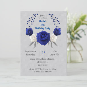 royal blue white flowers grey birthday invitation