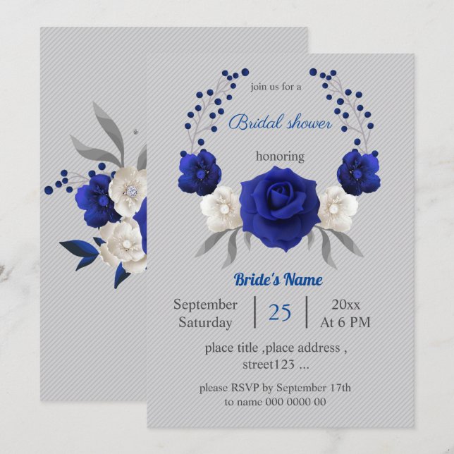 royal blue white flowers grey  bridal shower invitation (Front/Back)