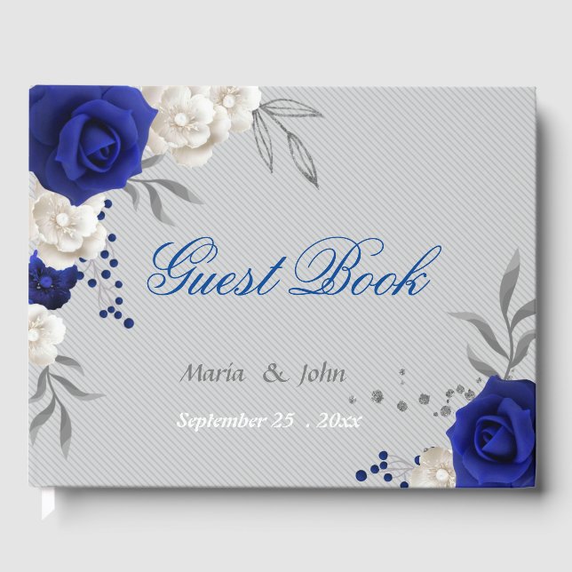 royal blue white flowers grey guest book (Front)