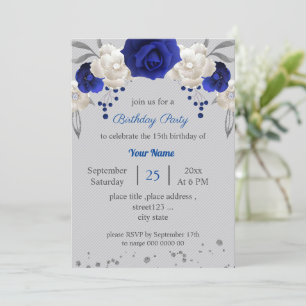 royal blue white flowers grey leaves birthday invitation