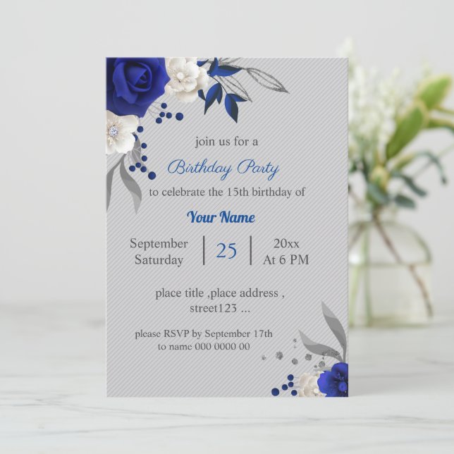 royal blue white flowers grey leaves birthday invitation (Standing Front)