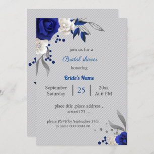 royal blue white flowers grey leaves bridal shower invitation
