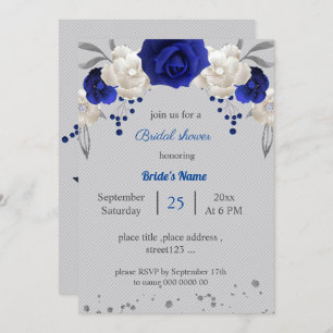 royal blue white flowers grey leaves bridal shower invitation