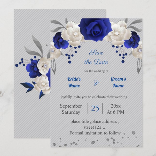 royal blue white flowers grey leaves save the date invitation (Front/Back)