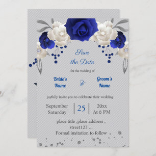 royal blue white flowers grey leaves save the date invitation