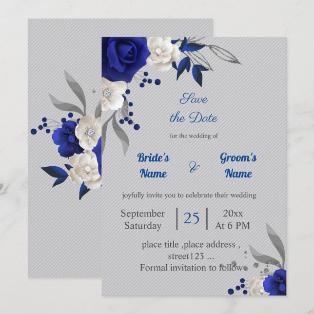royal blue white flowers grey leaves save the date invitation (Front/Back)