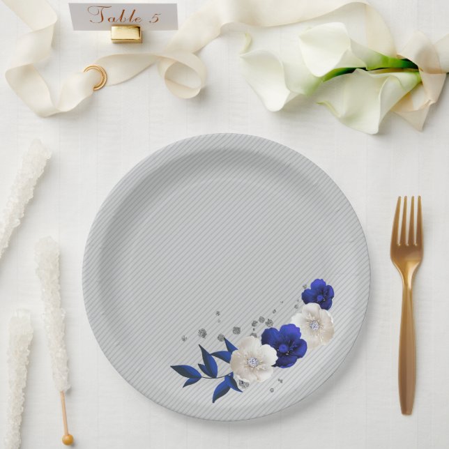 royal blue white flowers grey paper plates (Wedding)