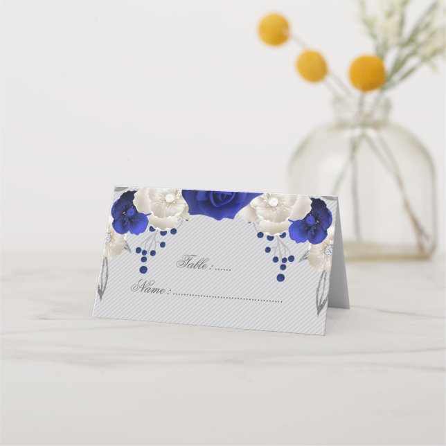 royal blue white flowers grey place card (Front)
