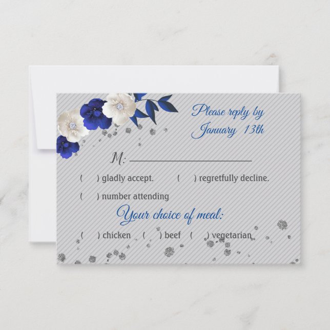 royal blue white flowers grey rsvp card (Front)