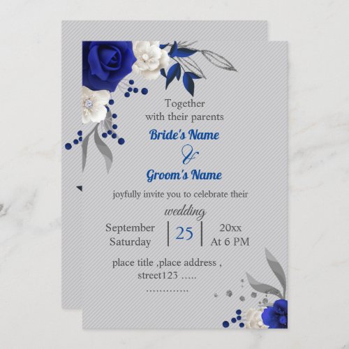royal blue white flowers leaves grey wedding invitation