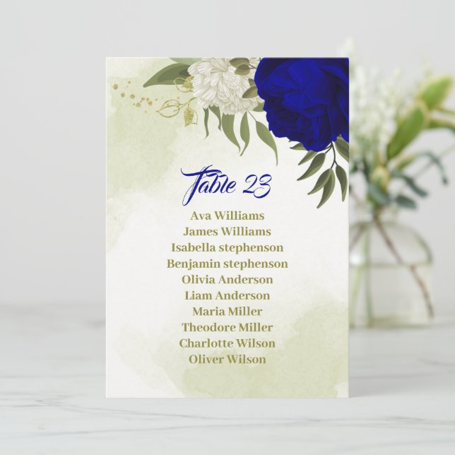royal blue white flowers seating chart card (Standing Front)