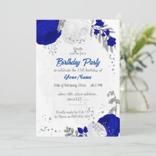royal blue &white flowers silver birthday invitation