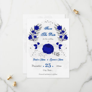 royal blue &white flowers silver botanical save the date
