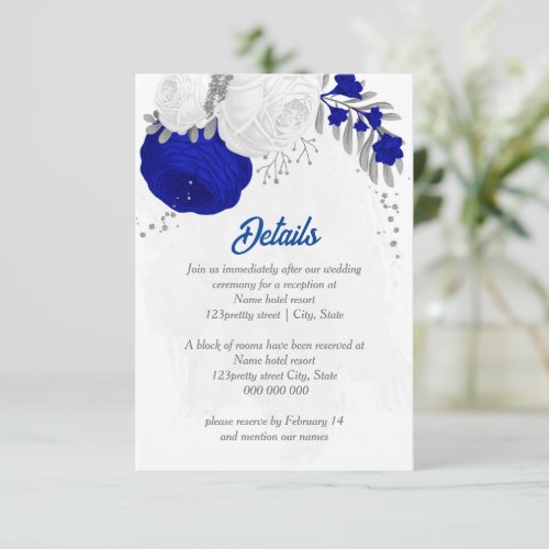 royal blue white flowers silver botanical wedding enclosure card