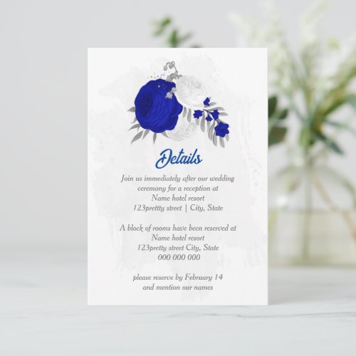 royal blue white flowers silver botanical wedding enclosure card