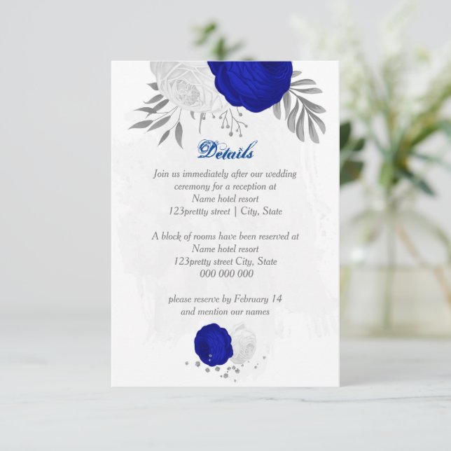 royal blue &white flowers silver botanical wedding enclosure card (Standing Front)