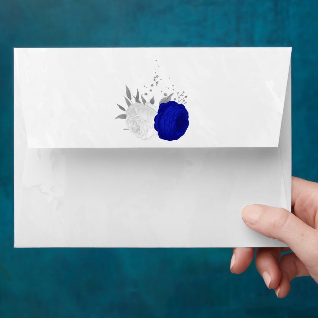 royal blue &white flowers silver botanical wedding envelope (Hand)