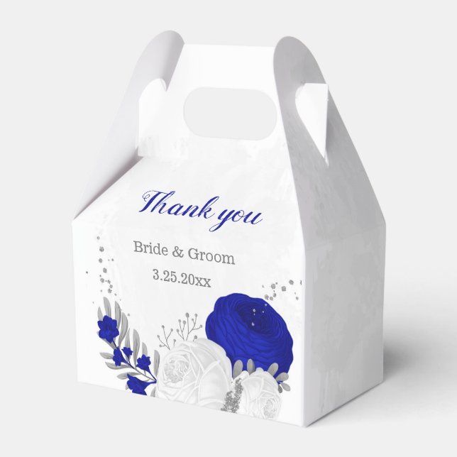 royal blue &white flowers silver botanical wedding favor boxes (Front Side)