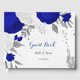 royal blue &white flowers silver botanical wedding guest book