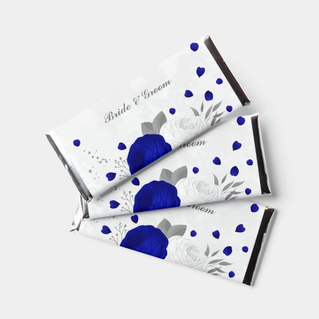 royal blue &white flowers silver botanical wedding hershey bar favors (Front)