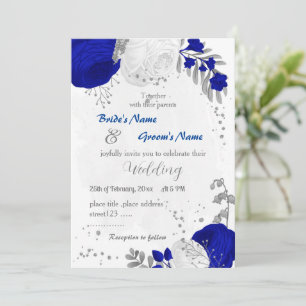 royal blue &white flowers silver botanical wedding invitation