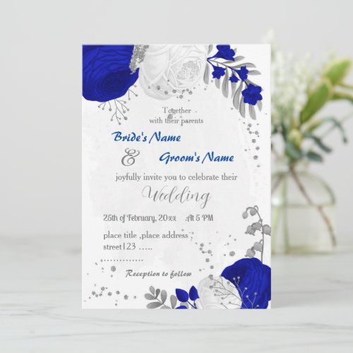 royal blue white flowers silver botanical wedding invitation