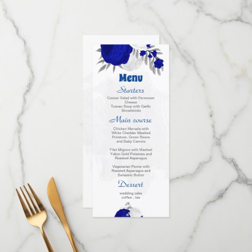 royal blue white flowers silver botanical wedding menu