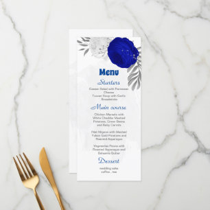 royal blue &white flowers silver botanical wedding menu