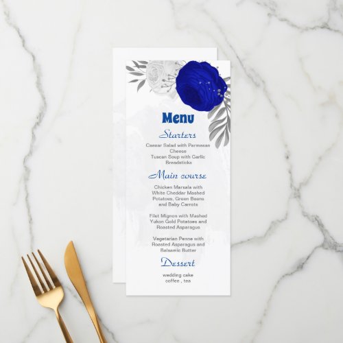 royal blue white flowers silver botanical wedding menu