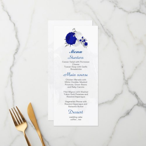 royal blue white flowers silver botanical wedding menu