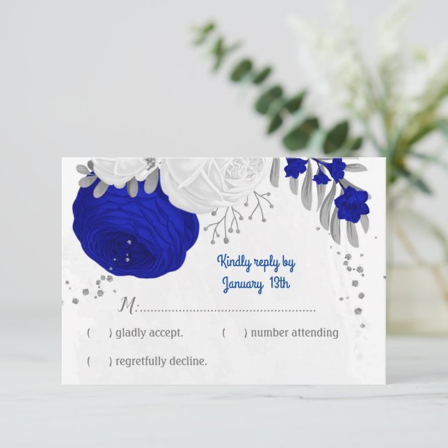 royal blue &white flowers silver botanical wedding RSVP card (Standing Front)