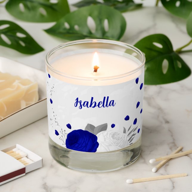 royal blue &white flowers silver botanical wedding scented candle (Lit)