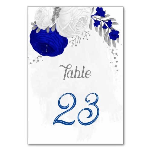 royal blue white flowers silver botanical wedding table number