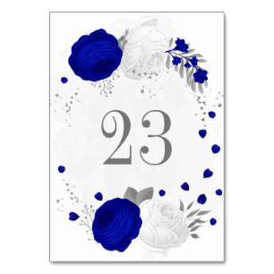 royal blue &white flowers silver botanical wedding table number
